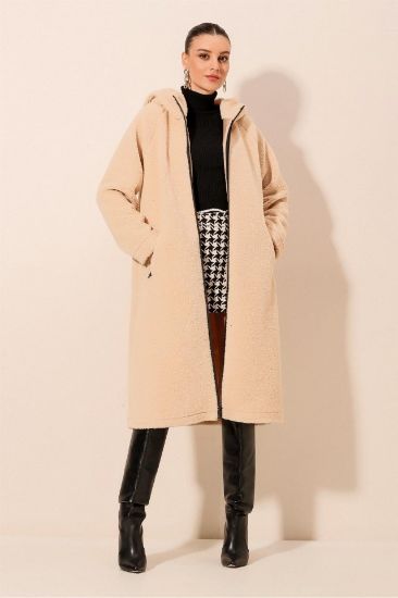 9132 Kapüşonlu Peluş Kaban - Krem resmi